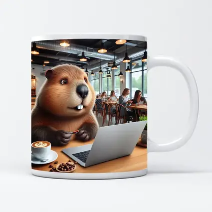Beaver Working on Laptop in Cafe