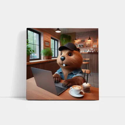 Beaver Working Laptop Coffee Shop Cartoon