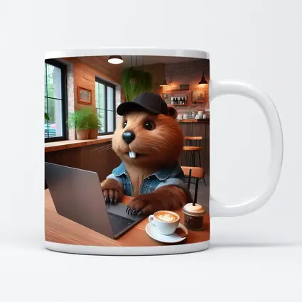 Beaver Working Laptop Coffee Shop Cartoon