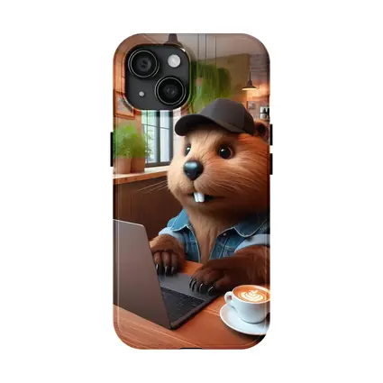 Beaver Working Laptop Coffee Shop Cartoon