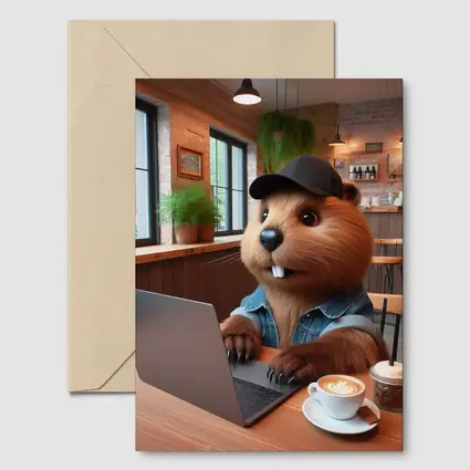 Beaver Working Laptop Coffee Shop Cartoon