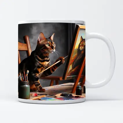 Bengal Cat Painting Self Portrait On Easel