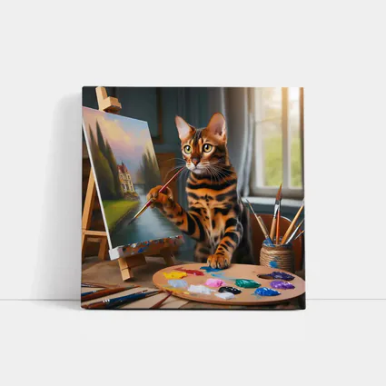 Bengal Cat Artist Painting on Easel