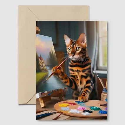 Bengal Cat Artist Painting on Easel