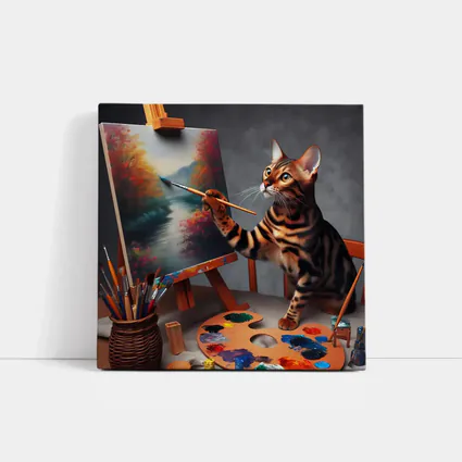 Bengal Cat Artist Painting on Easel