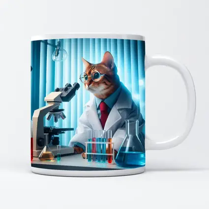 Cat Scientist In Laboratory With Microscope
