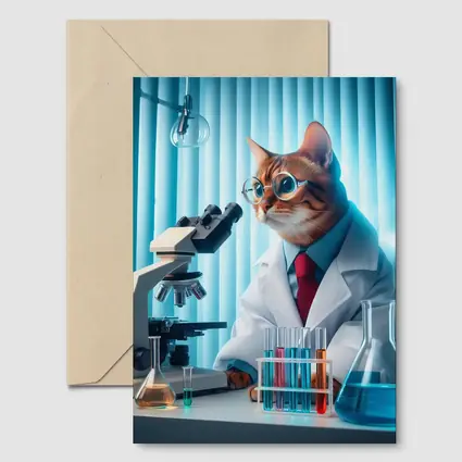 Cat Scientist In Laboratory With Microscope