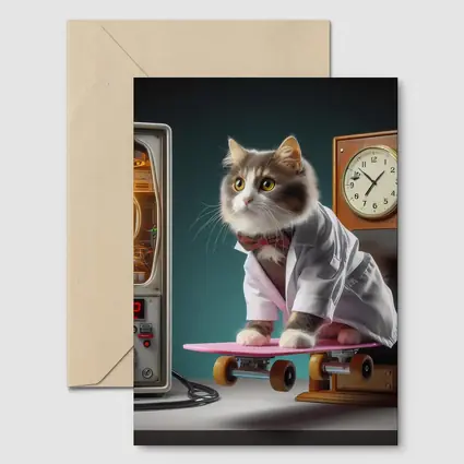 Cat Doctor Riding Skateboard With Clock