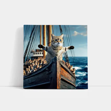 Cat Spreading Arms On Sailing Ship Bow