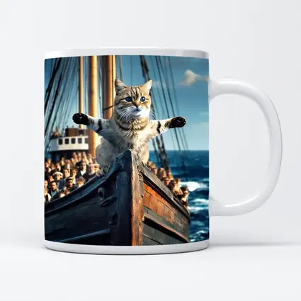 Cat Spreading Arms On Sailing Ship Bow