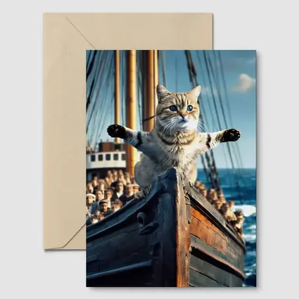 Cat Spreading Arms On Sailing Ship Bow