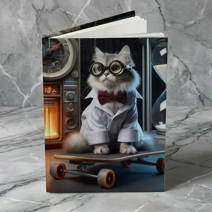 Persian Cat Scientist Riding Skateboard Lab