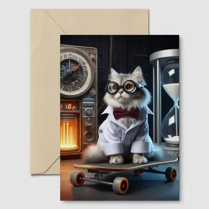 Persian Cat Scientist Riding Skateboard Lab