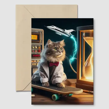 Scientist Cat on Skateboard Time Machine