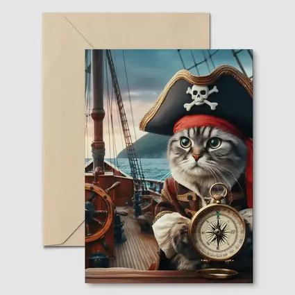 Pirate Cat With Compass On Ship