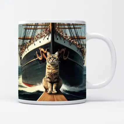 Cat Sitting On Ship Bow Ocean Waves