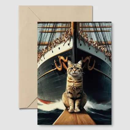 Cat Sitting On Ship Bow Ocean Waves