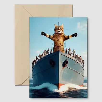 Giant Cat Posing on Ship Bow Ocean