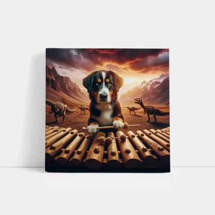 Bernese Mountain Dog Playing Xylophone Dinosaur Landscape