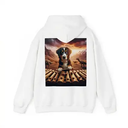 Bernese Mountain Dog Playing Xylophone Dinosaur Landscape