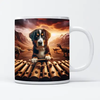 Bernese Mountain Dog Playing Xylophone Dinosaur Landscape