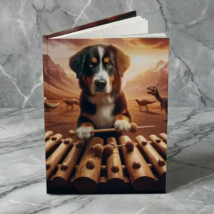Bernese Mountain Dog Playing Xylophone Dinosaur Landscape