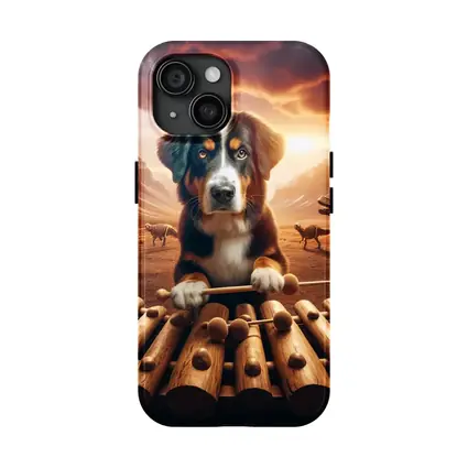 Bernese Mountain Dog Playing Xylophone Dinosaur Landscape