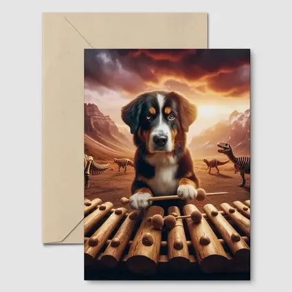 Bernese Mountain Dog Playing Xylophone Dinosaur Landscape