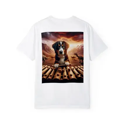 Bernese Mountain Dog Playing Xylophone Dinosaur Landscape