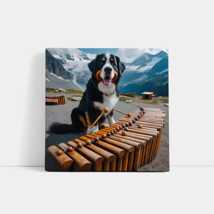Bernese Mountain Dog Playing Marimba Alpine Background