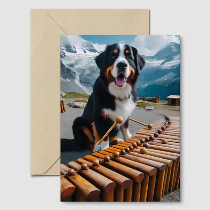 Bernese Mountain Dog Playing Marimba Alpine Background