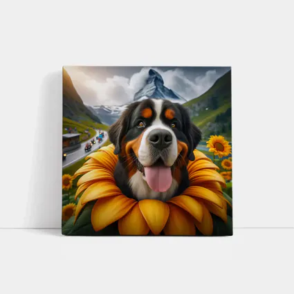 Bernese Mountain Dog Sunflower Alpine Background