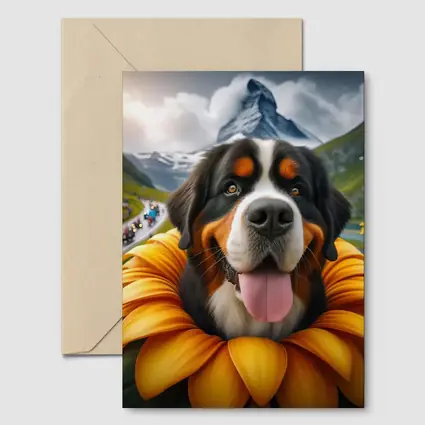 Bernese Mountain Dog Sunflower Alpine Background