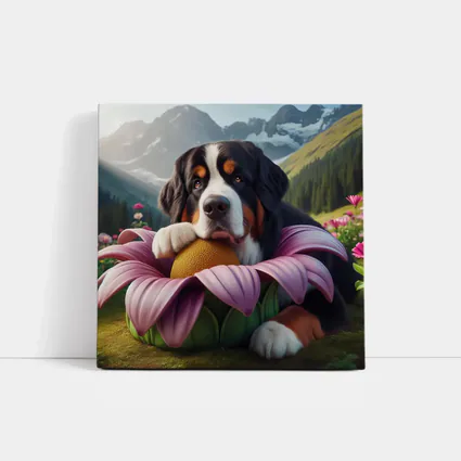 Bernese Mountain Dog Resting on Pink Flower