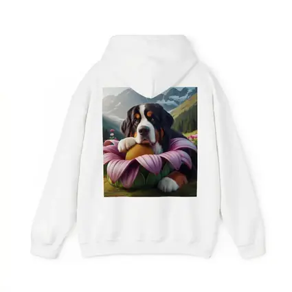 Bernese Mountain Dog Resting on Pink Flower