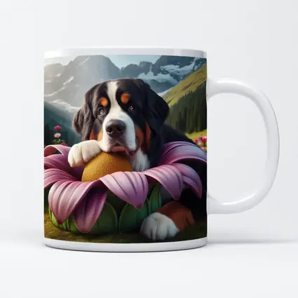 Bernese Mountain Dog Resting on Pink Flower