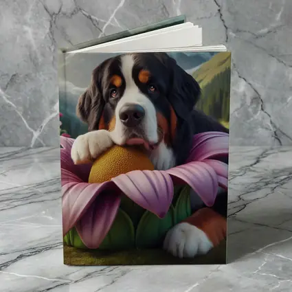 Bernese Mountain Dog Resting on Pink Flower