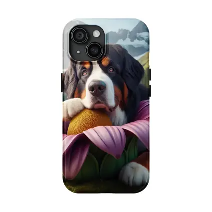 Bernese Mountain Dog Resting on Pink Flower