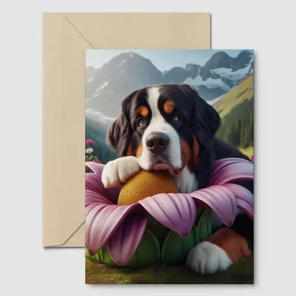 Bernese Mountain Dog Resting on Pink Flower
