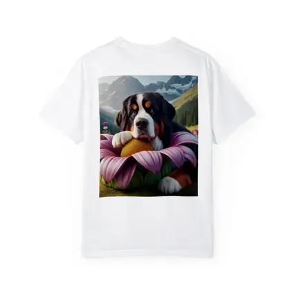 Bernese Mountain Dog Resting on Pink Flower