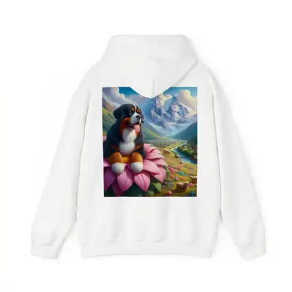 Bernese Mountain Dog Sitting on Pink Flower