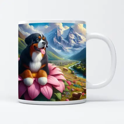 Bernese Mountain Dog Sitting on Pink Flower