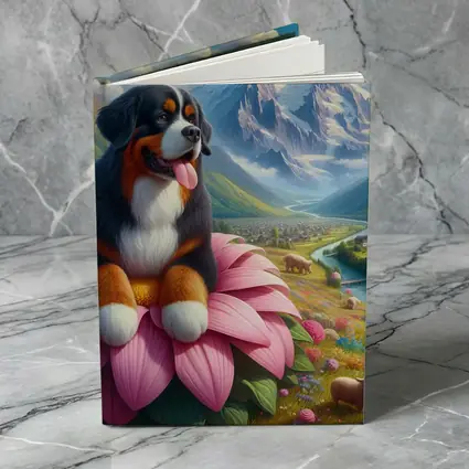 Bernese Mountain Dog Sitting on Pink Flower