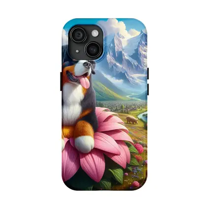 Bernese Mountain Dog Sitting on Pink Flower