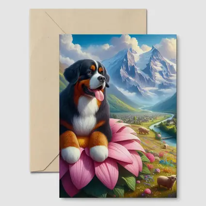 Bernese Mountain Dog Sitting on Pink Flower
