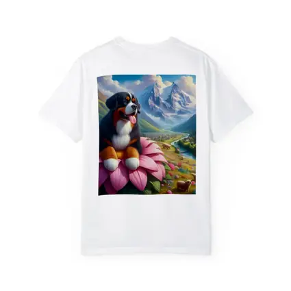 Bernese Mountain Dog Sitting on Pink Flower