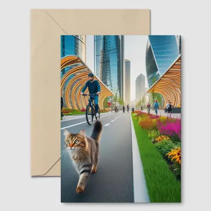 Tabby Cat Walking Urban City Bike Lane