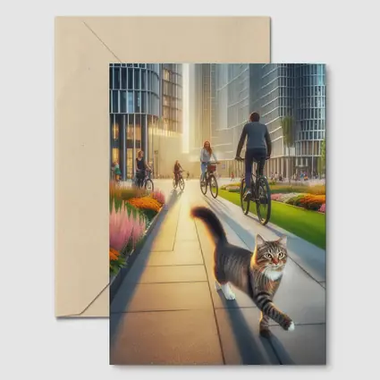 Tabby Cat Walking City Park Cyclists