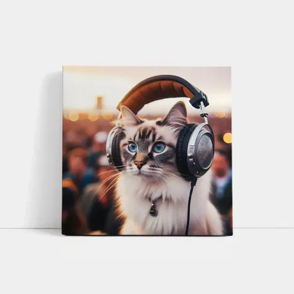 Ragdoll Cat Wearing Headphones Crowd Background