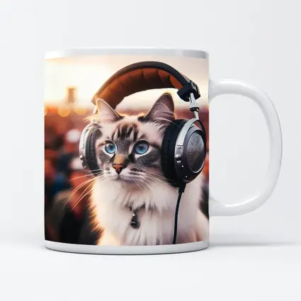 Ragdoll Cat Wearing Headphones Crowd Background